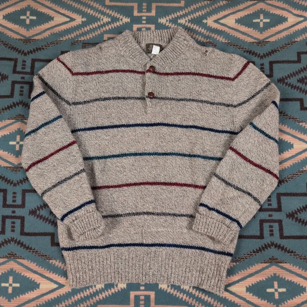 Vintage High Sierra Mens Medium Wool Blend Knit Sweater Grandpa Striped Button